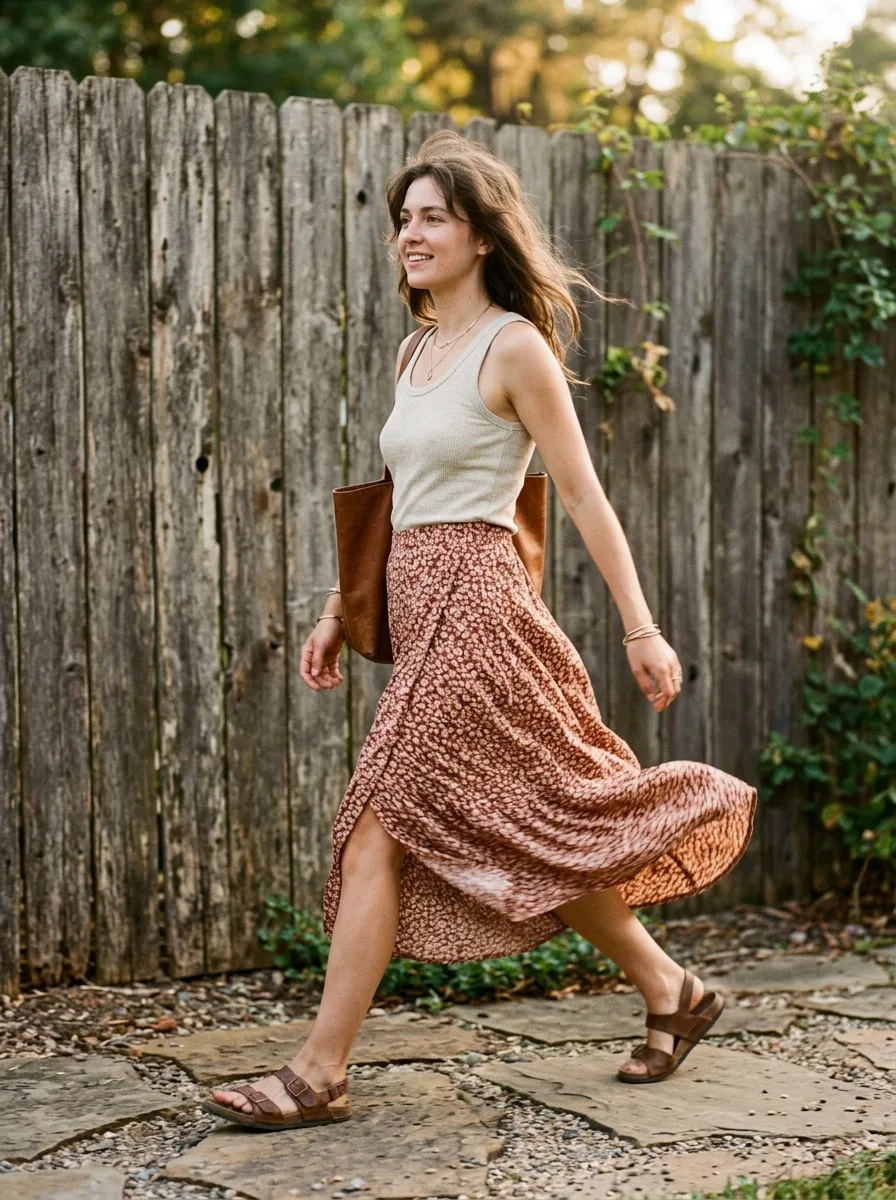 Woman mid-step in a printed rust and cream floral midi skirt against a weathered wood fence