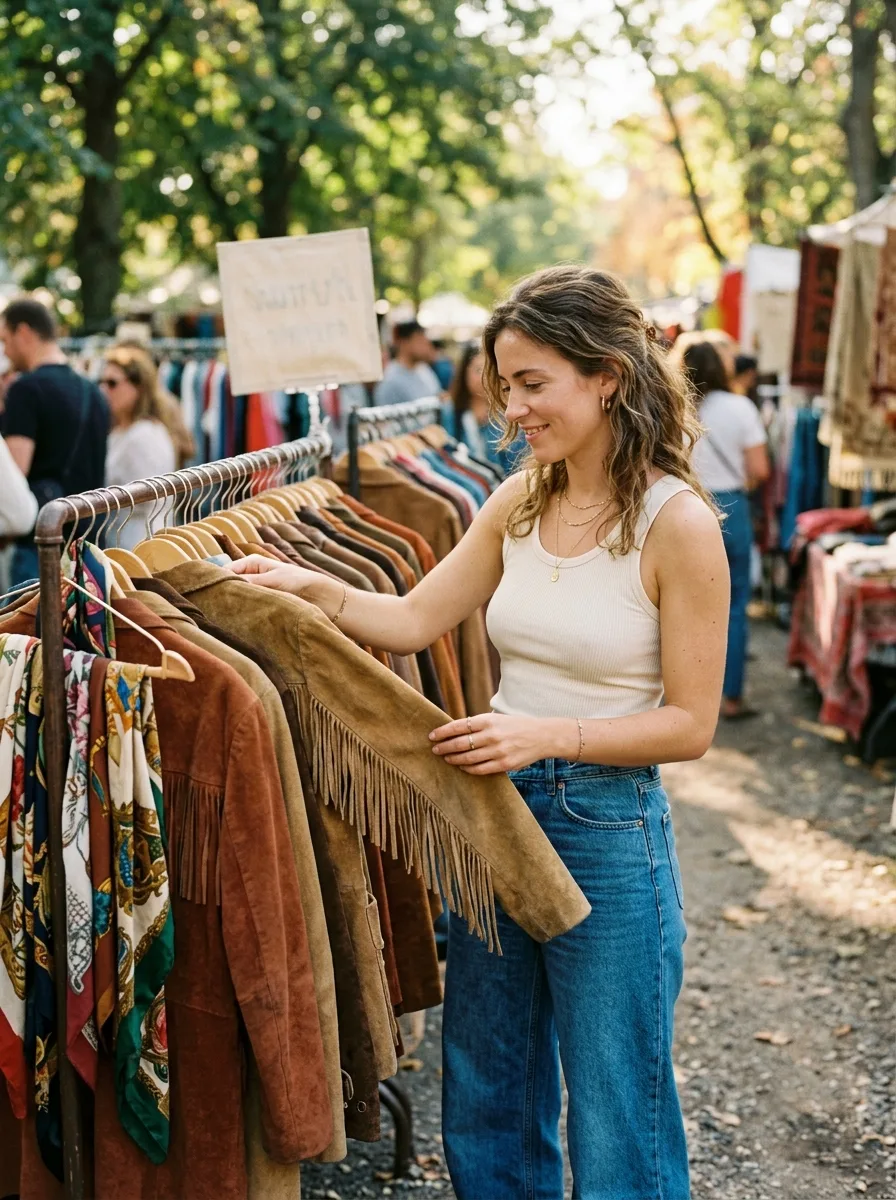 Woman browsing a rack of vintage suede jackets and scarves at an outdoor secondhand market