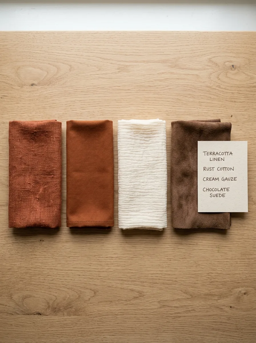 Flat-lay of four folded fabric swatches in terracotta, rust, cream, and chocolate brown