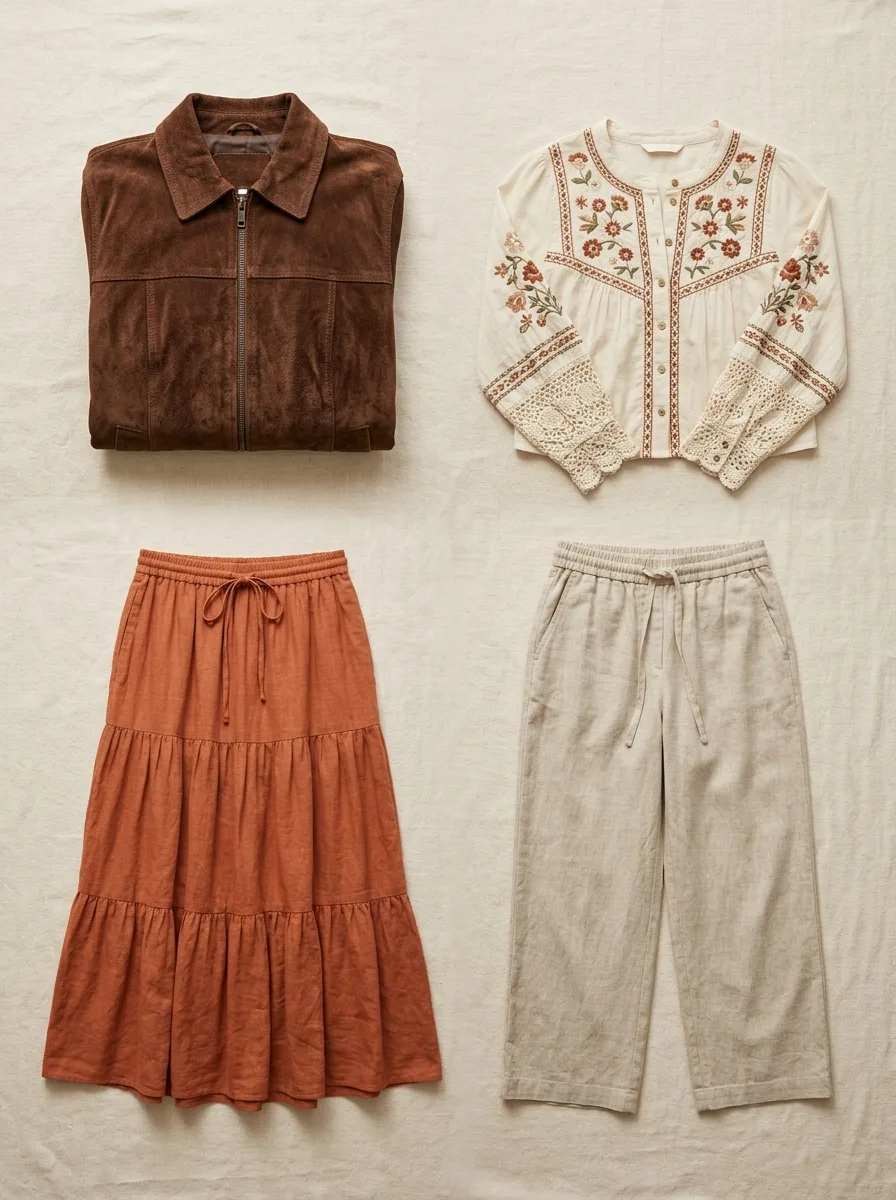 Flat-lay of four foundation boho wardrobe pieces: a terracotta maxi skirt, linen trousers, an embroidered blouse, and a suede jacket
