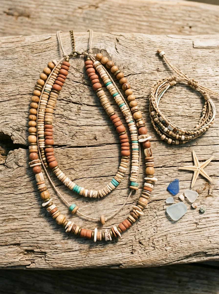 Flat-lay of wood, shell, and clay bead necklaces with a starfish charm on driftwood
