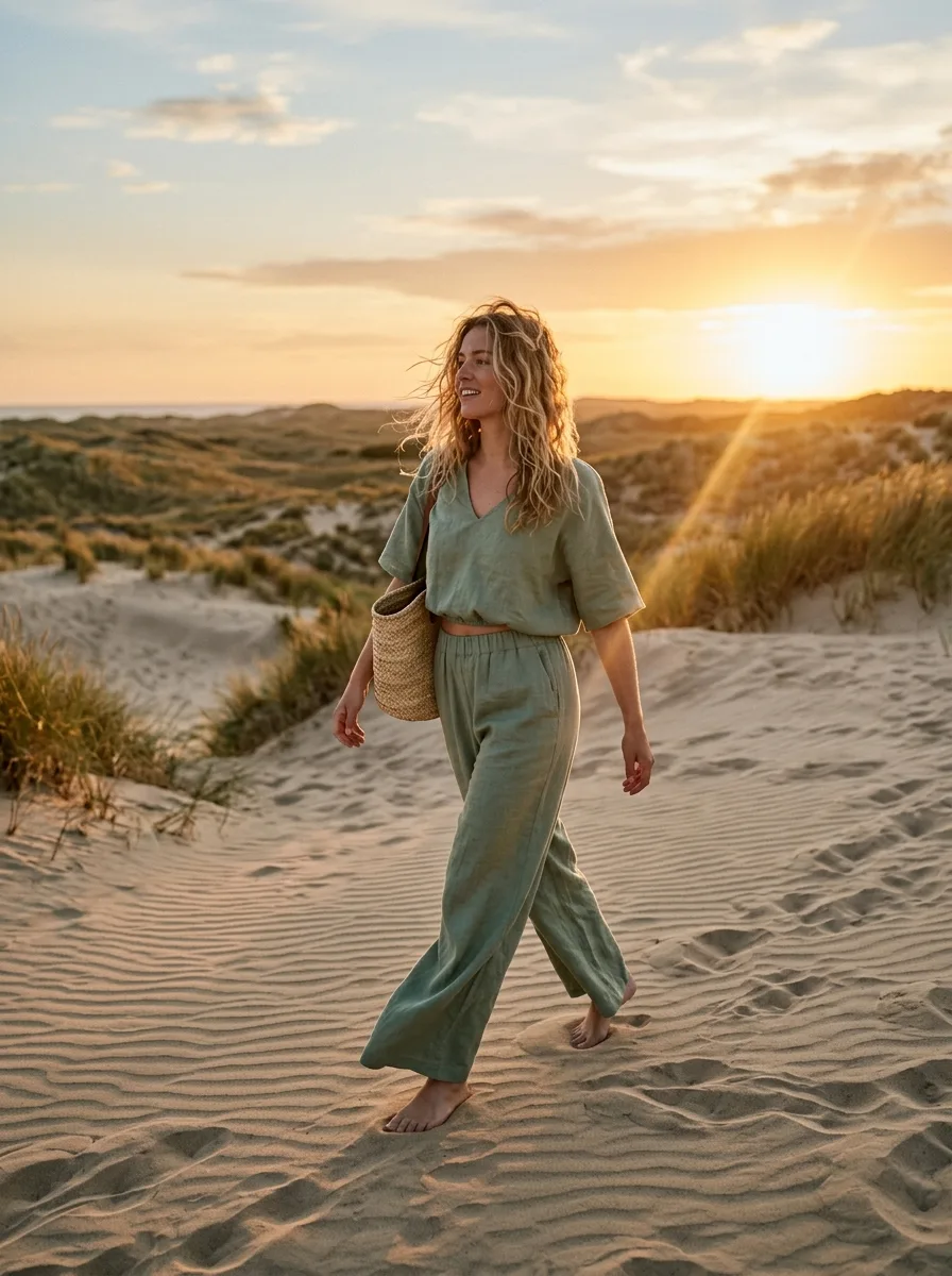 Woman walking along sandy dunes at golden hour in a sage green linen two-piece crop top and wide-leg pant set
