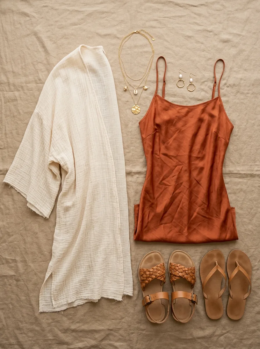 Flat-lay showing a cream gauze kimono, a rust slip dress, sandals, flip-flops, and jewelry for a beach-to-dinner outfit change