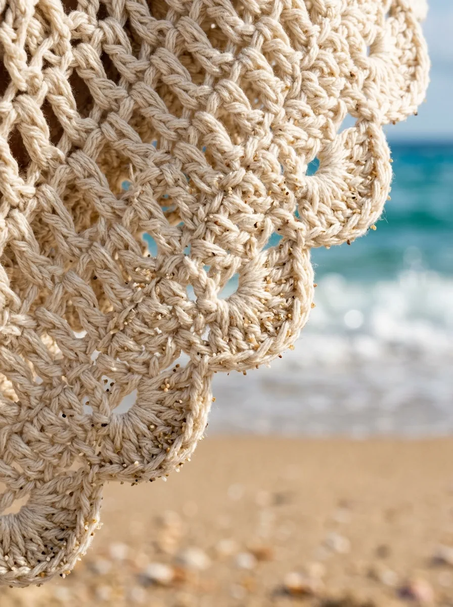 Macro close-up of a crocheted scalloped hem on a cream swim cover-up with sand caught in the weave
