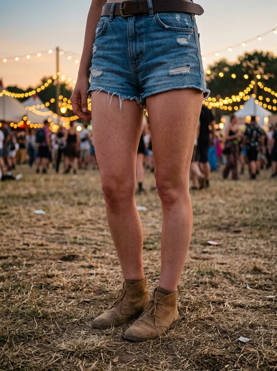 Close crop of denim cutoff shorts and tan suede ankle boots on festival grass at dusk with string lights in the background