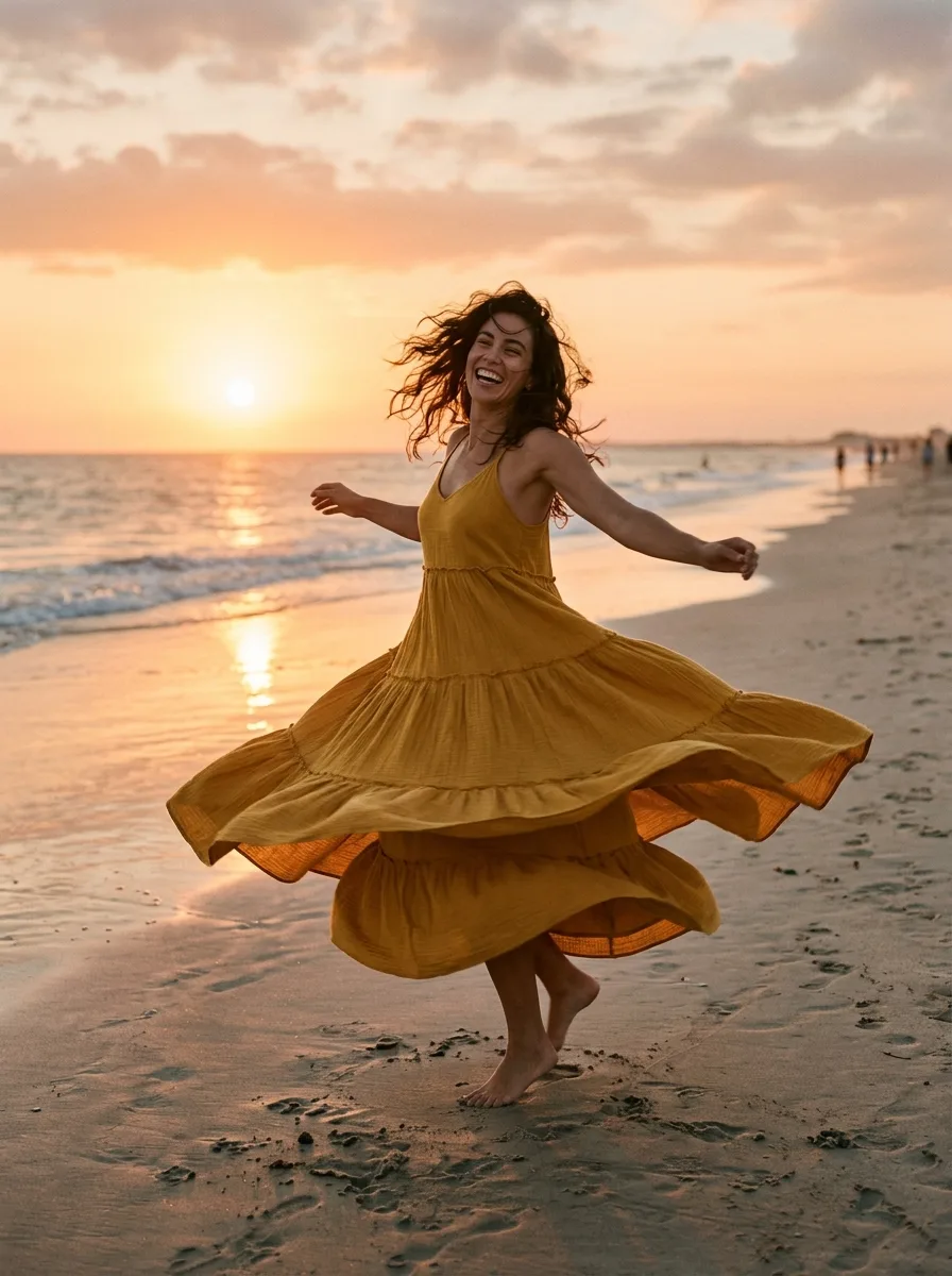 Woman mid-twirl on a beach at sunset in a tiered mustard cotton gauze maxi dress