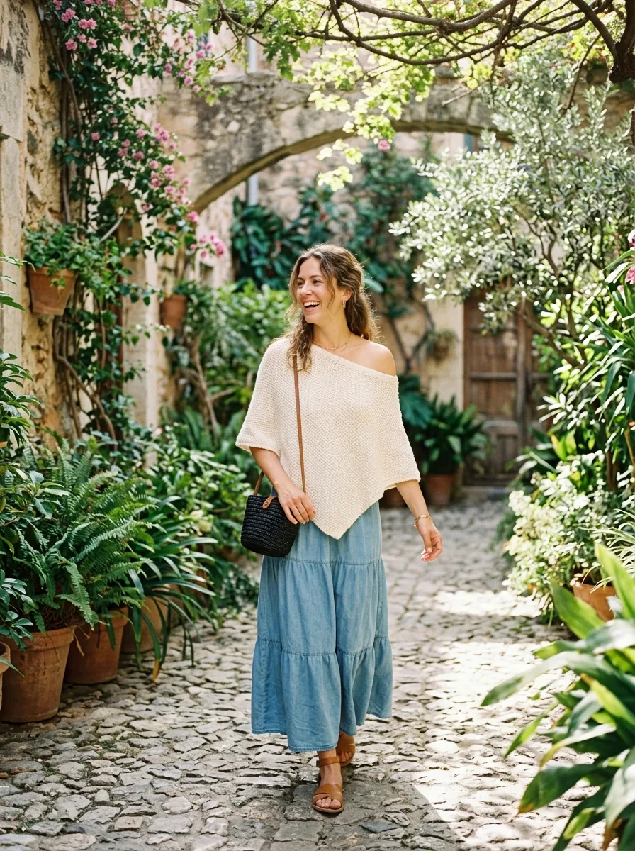 Woman walking through a sunlit plant-filled courtyard in an off-shoulder cream knit poncho top and a tiered denim maxi skirt