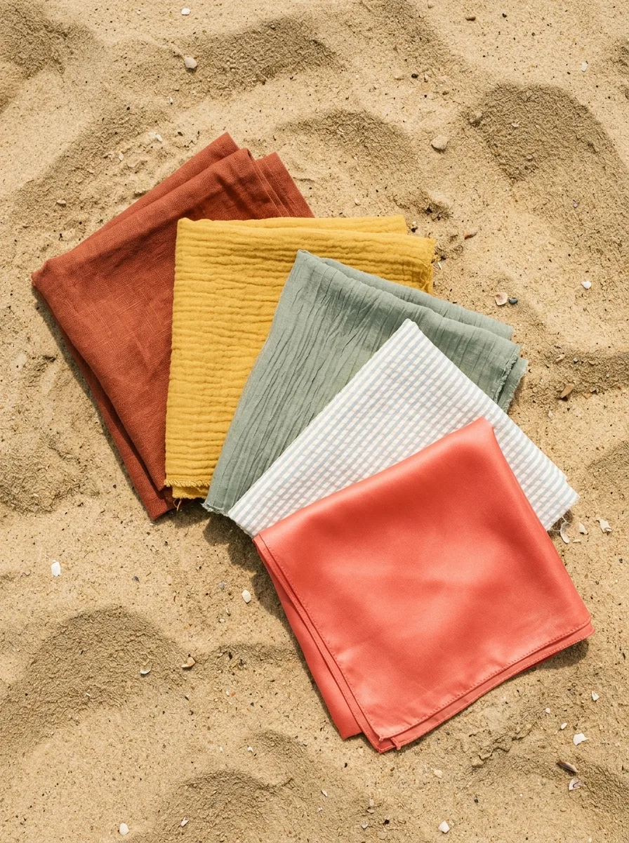Flat-lay of five lightweight summer fabric swatches in terracotta, mustard, sage, cream, and coral, fanned on sand
