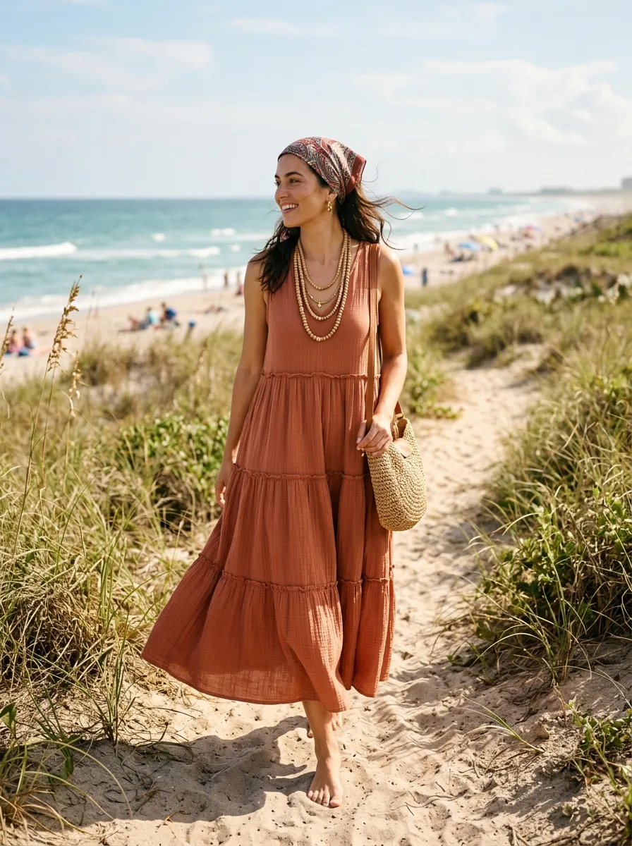 Woman walking barefoot on a sunlit beach path in a terracotta tiered cotton maxi dress with a paisley headscarf