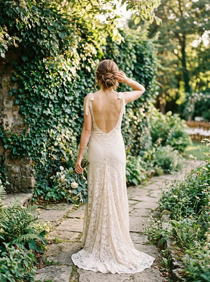 Bride in a champagne lace gown with tie shoulder straps and an open back standing before an ivy-covered wall