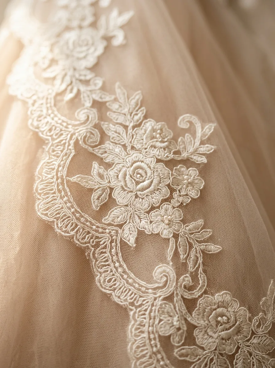 Macro close-up of scalloped chantilly lace appliqué with a floral motif on a bridal gown