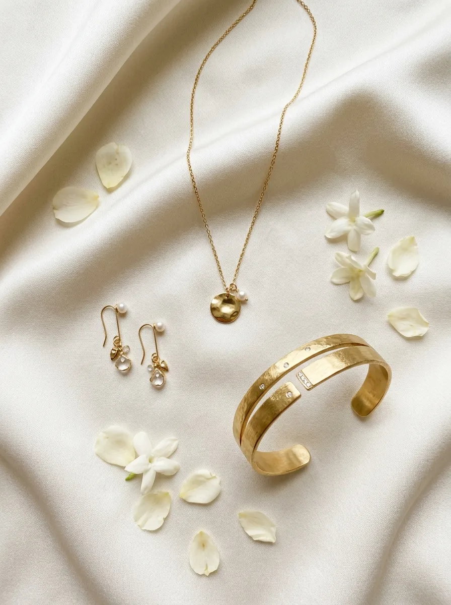 Flat-lay of one delicate gold necklace, a statement cuff bracelet, and drop earrings on ivory silk with scattered petals