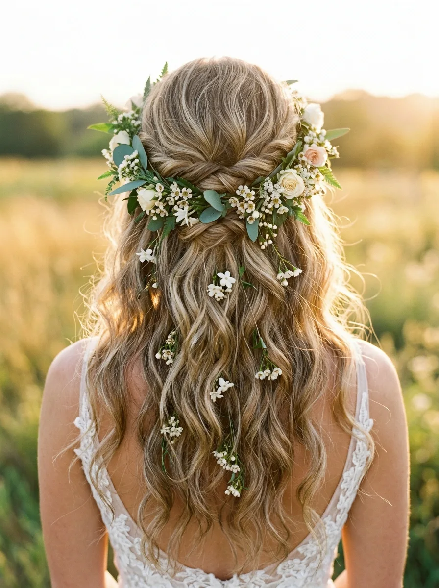 Close-up of a bride's half-up hairstyle with a trailing floral and greenery crown cascading through loose waves