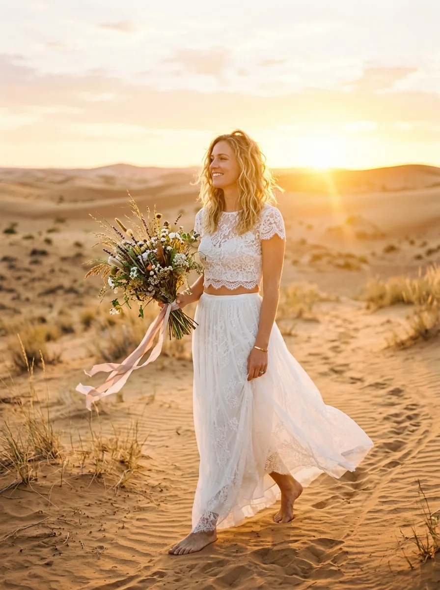 Bride walking barefoot through a golden desert field at sunset in a two-piece lace crop top and flowing skirt