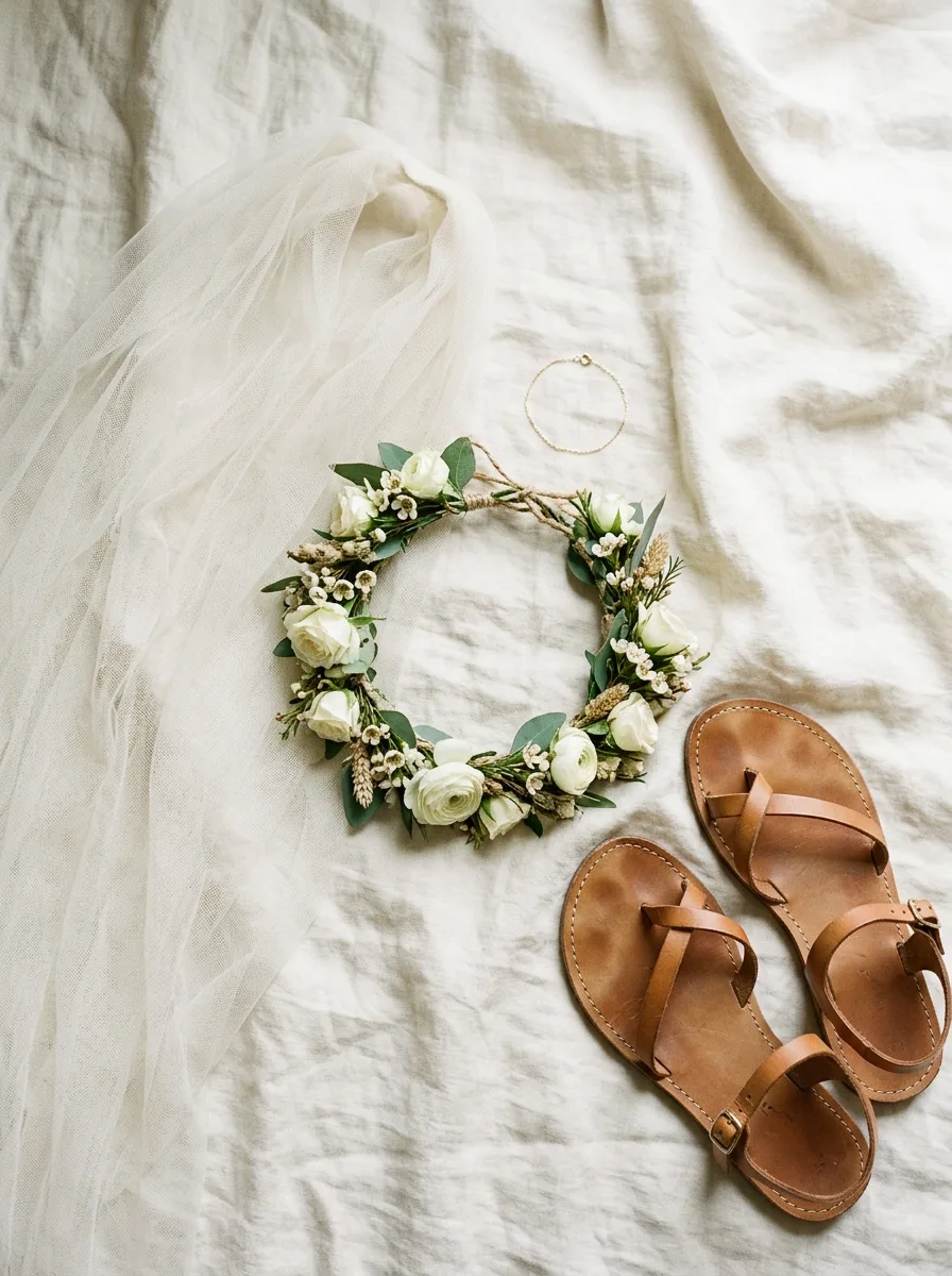 Flat-lay of flat leather sandals, an unstructured raw-edge veil, a flower crown, and a thin gold bracelet