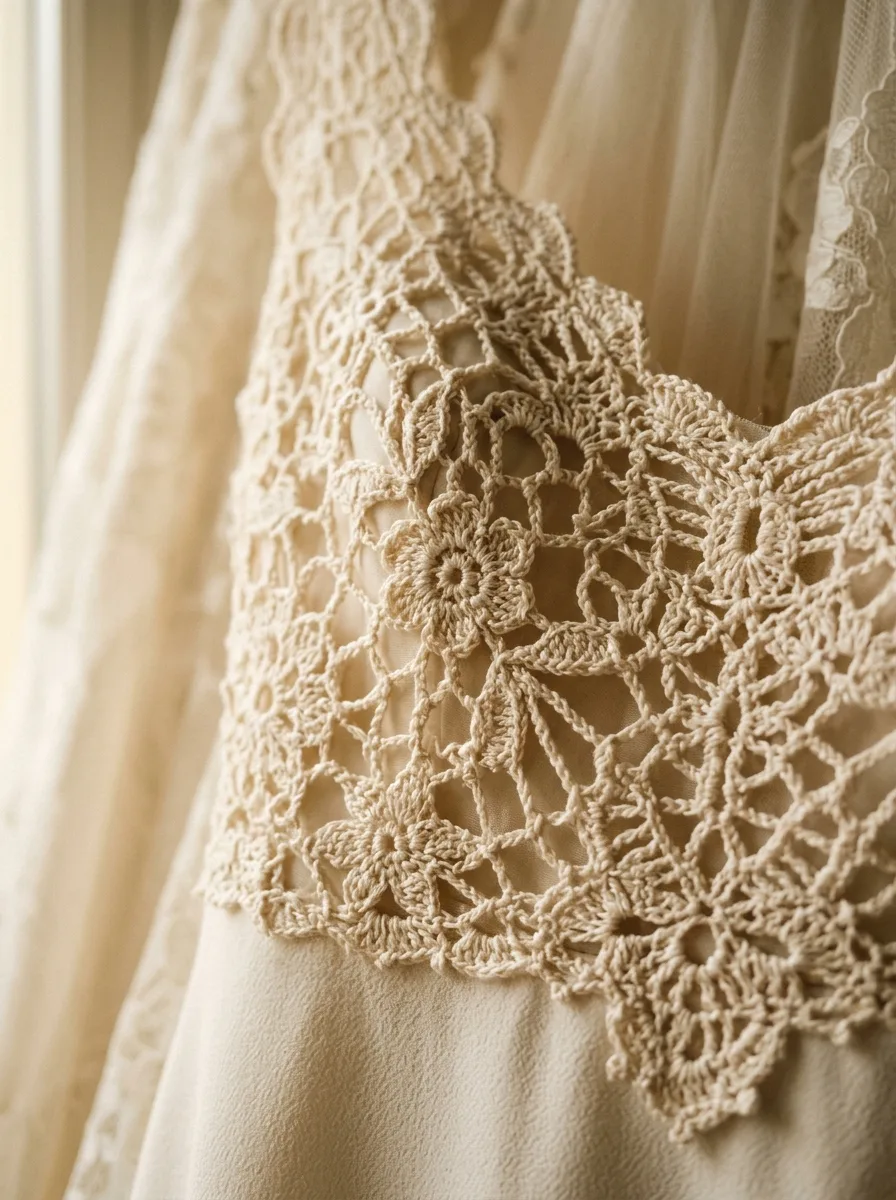 Macro close-up of hand-crocheted lace panel detail on a bridal bodice