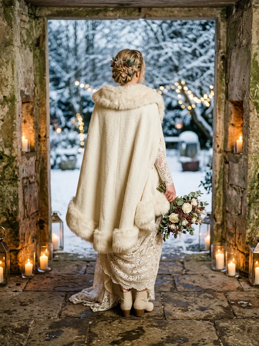 Bride in a long-sleeve lace gown with a fur-trimmed cape and cream suede ankle boots in a candlelit stone doorway