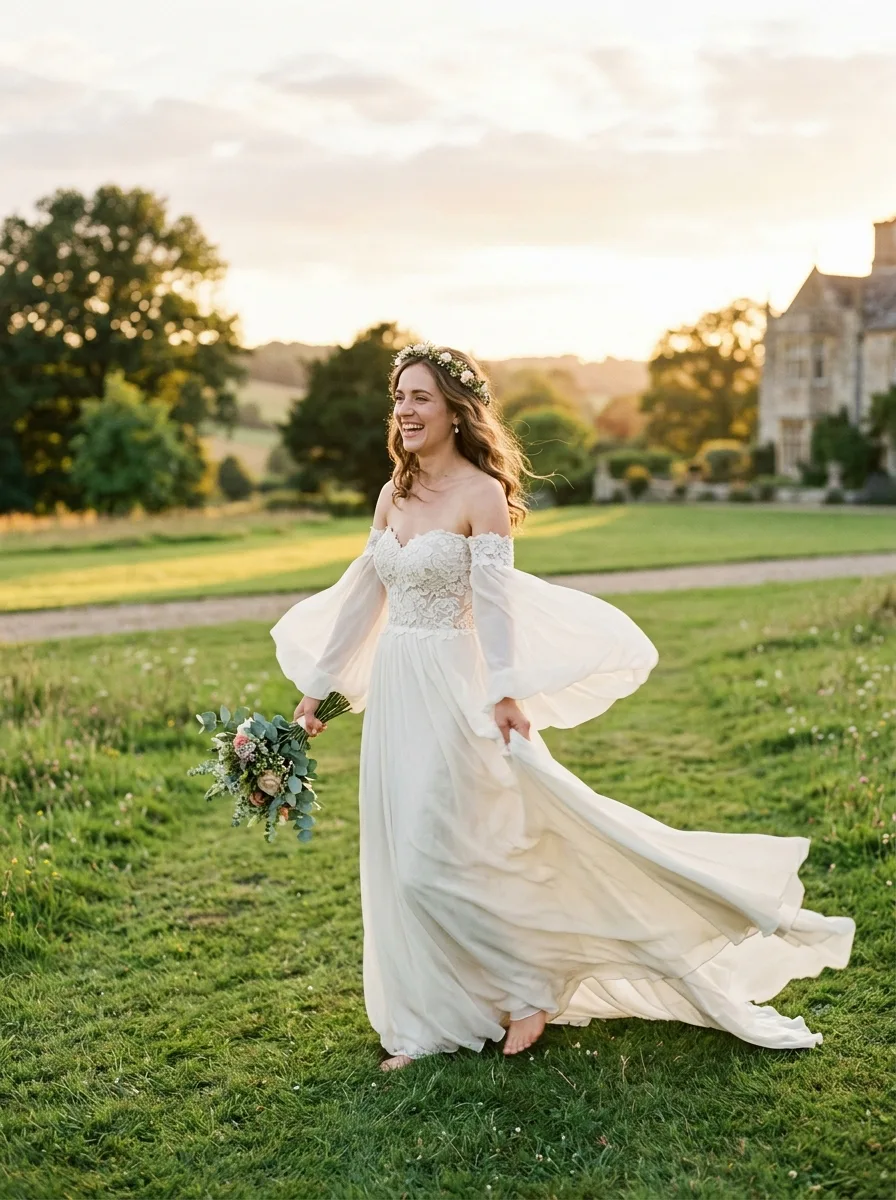 Bride mid-turn in an off-shoulder gown with dramatic bell sleeves catching the breeze on a sunlit lawn