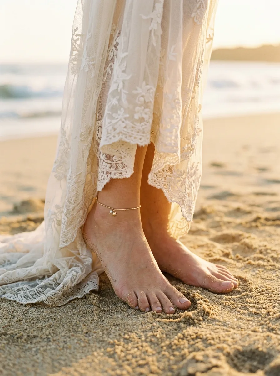 Close-up of a bride's bare feet in sand with a lace gown hem pooling around her ankles