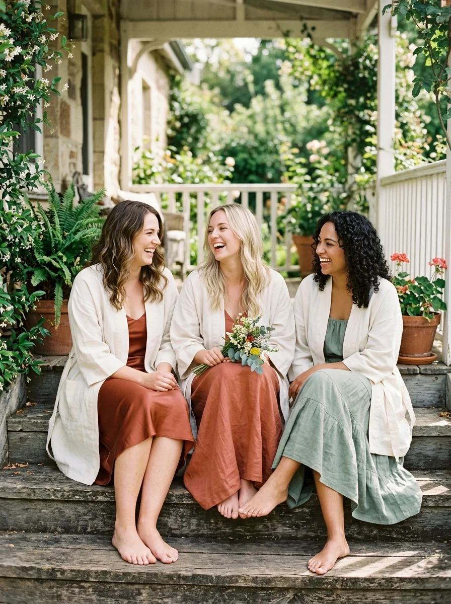 Three bridesmaids in mismatched dresses within a shared rust, sage, and terracotta color family sitting on a sunlit porch
