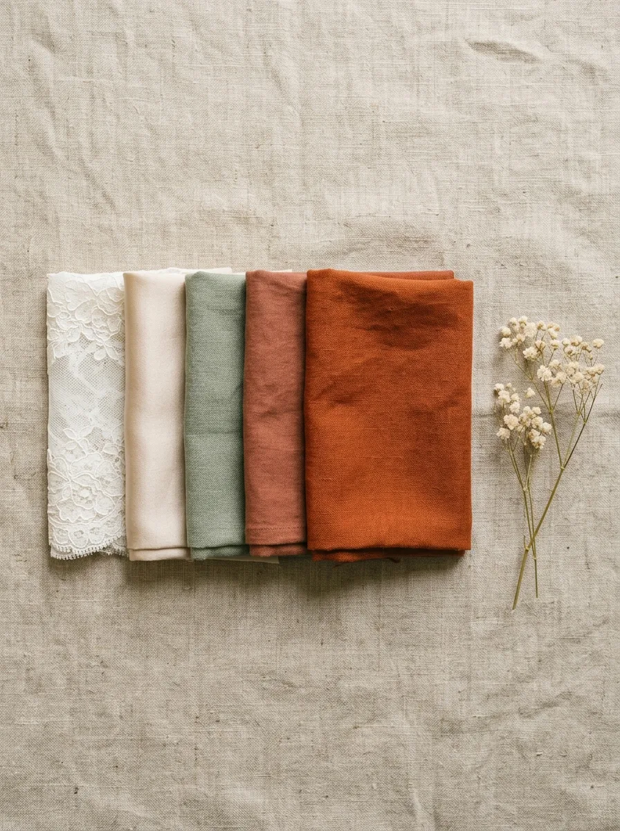 Flat-lay of five bridal color palette swatches: ivory lace, champagne silk, sage, dusty rust, and terracotta