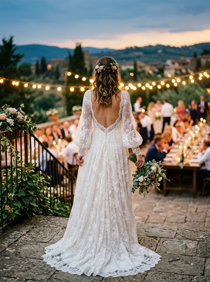 Back view of a bride in a lace gown with bishop sleeves and an open back on a fairy-lit outdoor terrace at dusk