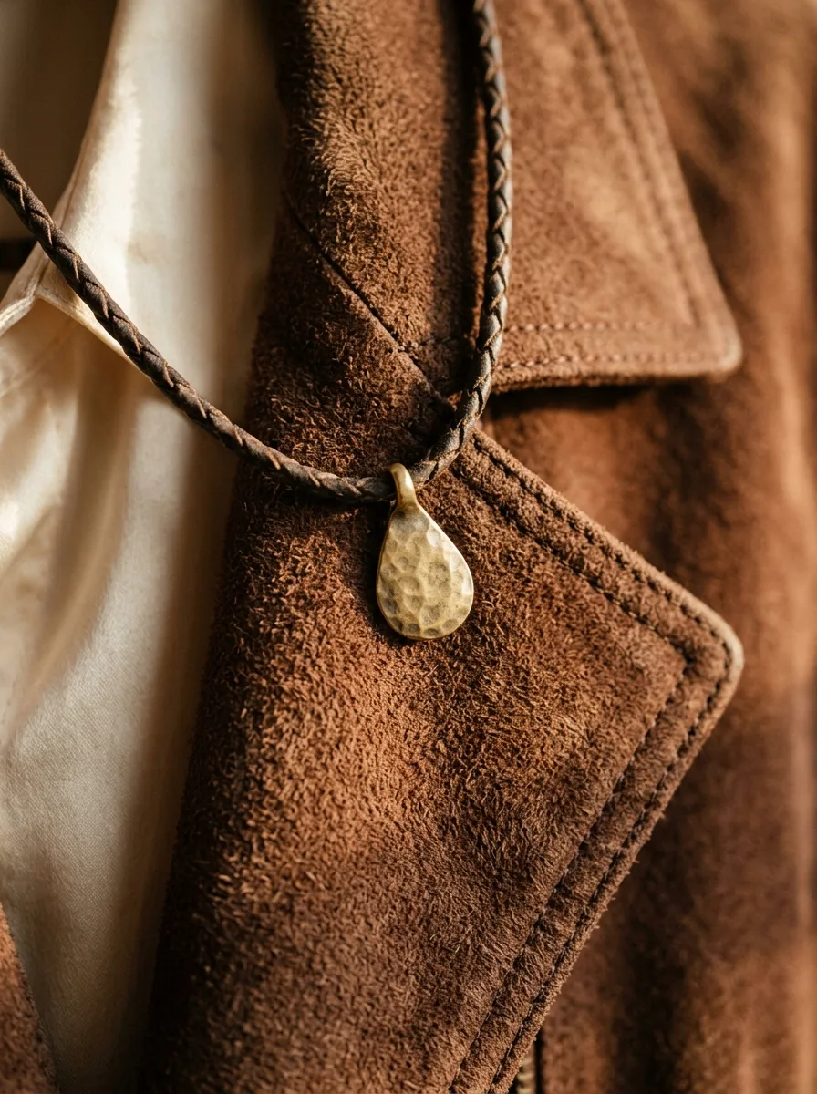 Macro close-up of a suede jacket collar with a leather cord and brass pendant necklace draped across it