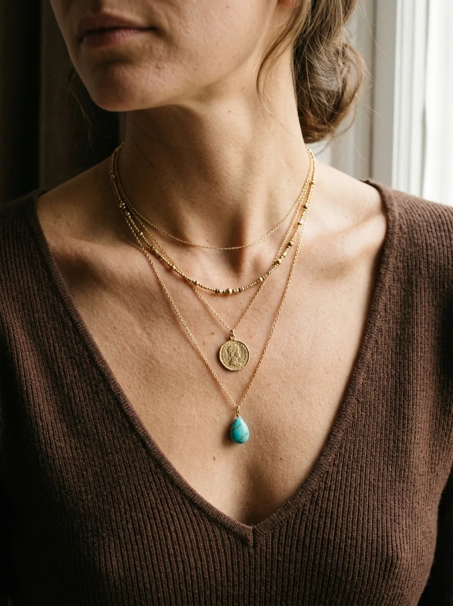 Close-up of layered gold and turquoise necklaces at different lengths against a chocolate-brown v-neck top