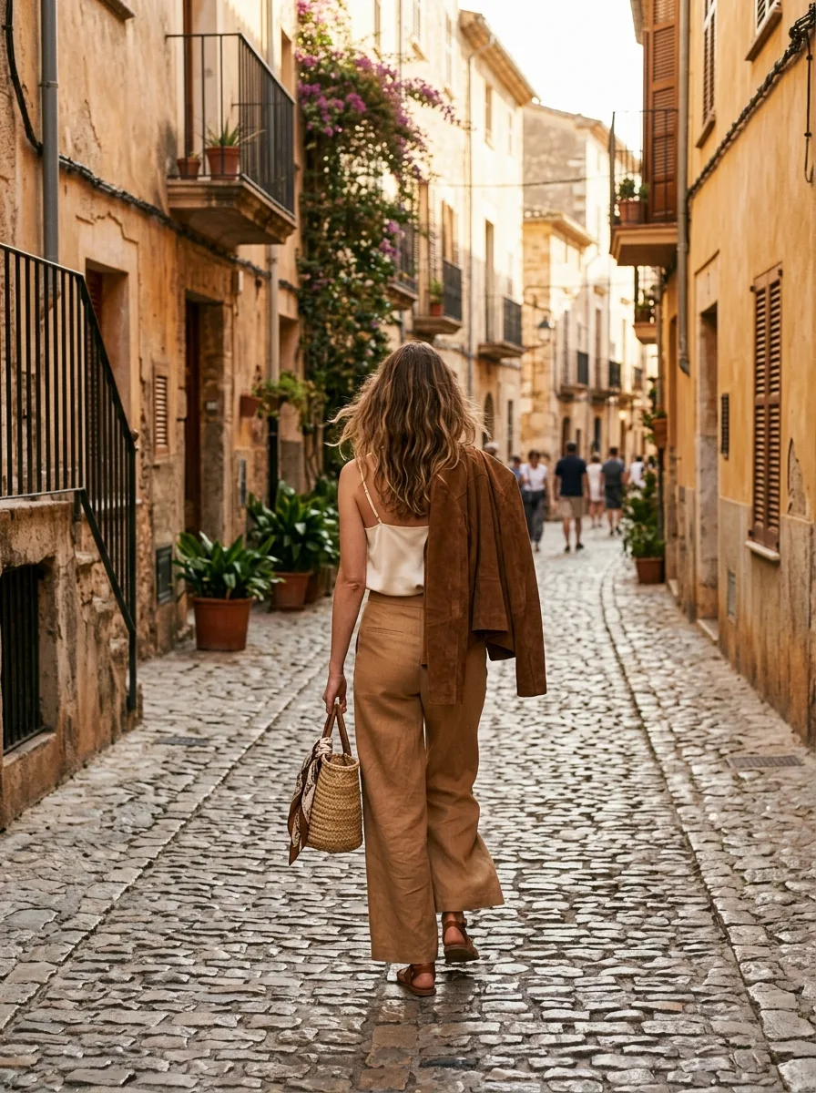 Woman walking down a sunlit cobblestone street in a cream silk cami, camel linen trousers, and a suede jacket draped over one shoulder