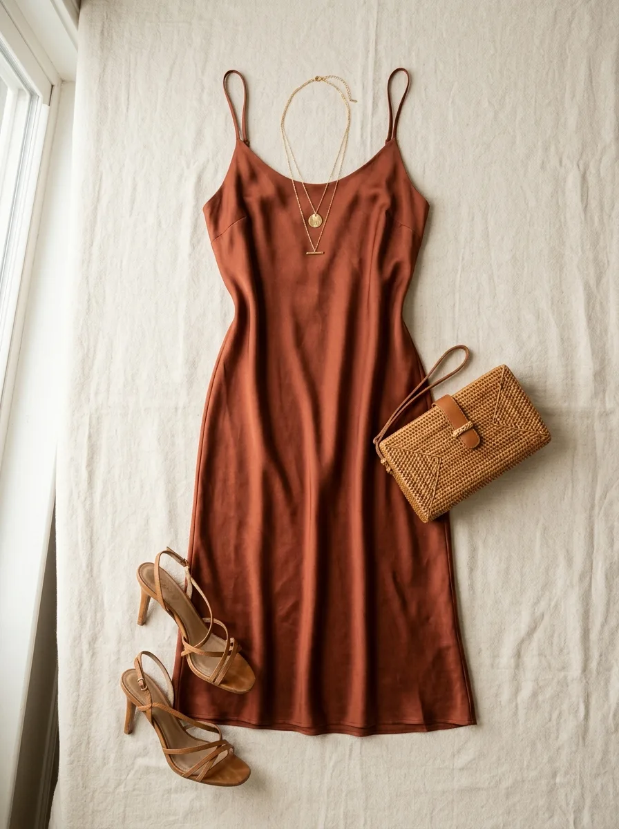 Flat-lay of a rust silk slip dress, one gold necklace, strappy sandals, and a small woven clutch