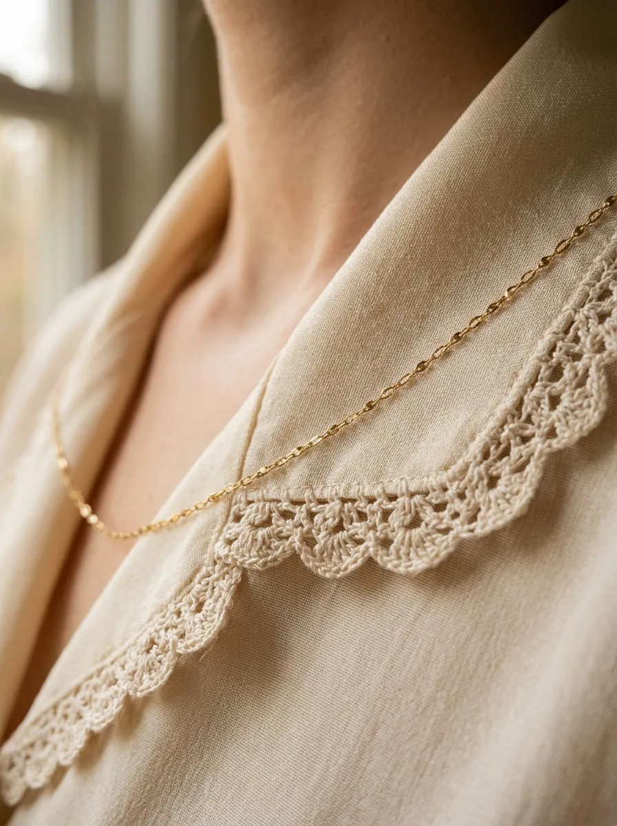 Macro close-up of fine crochet trim on a cream silk blouse collar with a gold chain necklace resting on it