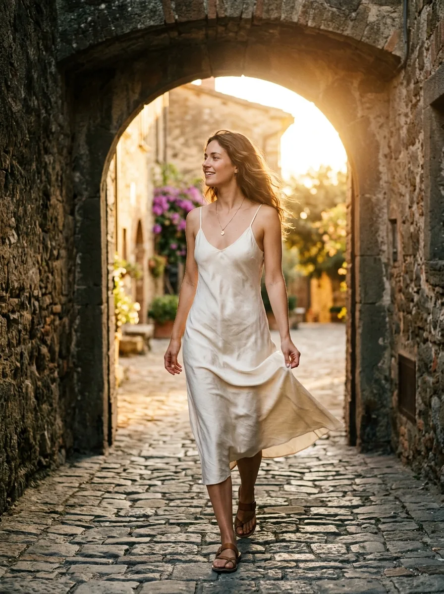 Woman walking through an arched stone doorway in a cream silk slip dress caught mid-motion by a breeze