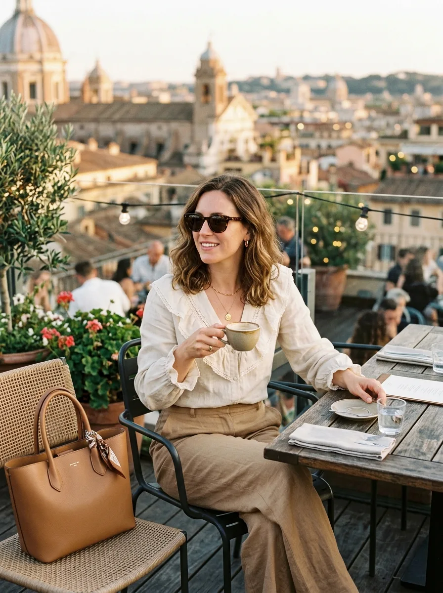 Woman seated at an outdoor rooftop café table in a cream ruffled blouse and wide-leg linen trousers