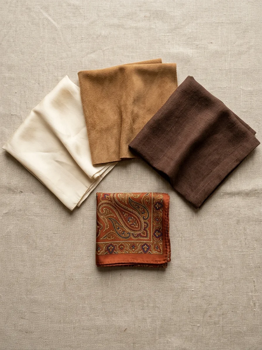 Flat-lay of cream silk, camel suede, and chocolate linen swatches with one small rust paisley print swatch