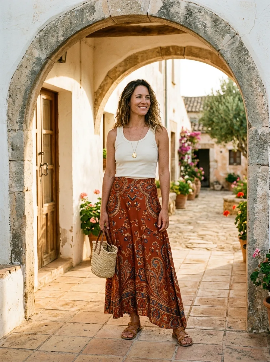 Woman in a rust paisley silk maxi skirt and plain cream tank standing in a sunlit whitewashed archway